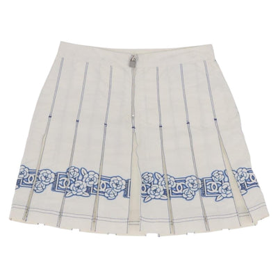 CHANEL Camelia Skirt Nylon White Blue CC Auth bs37820V