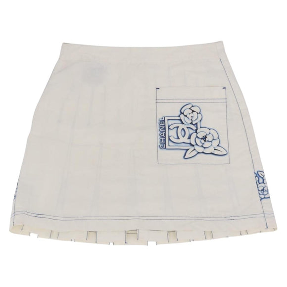 CHANEL Camelia Skirt Nylon White Blue CC Auth bs37820V