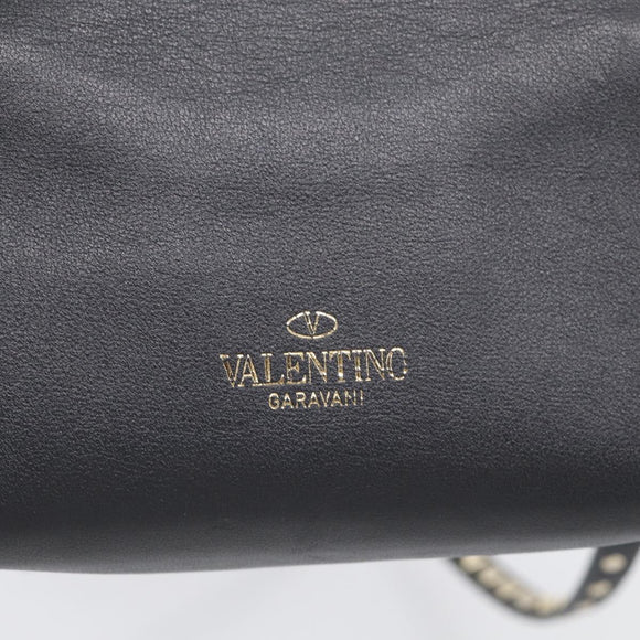 Valentino Rock Studs Shoulder Bag Leather Black Gold Tone Auth bs37832