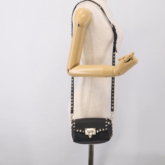 Valentino Rock Studs Shoulder Bag Leather Black Gold Tone Auth bs37832