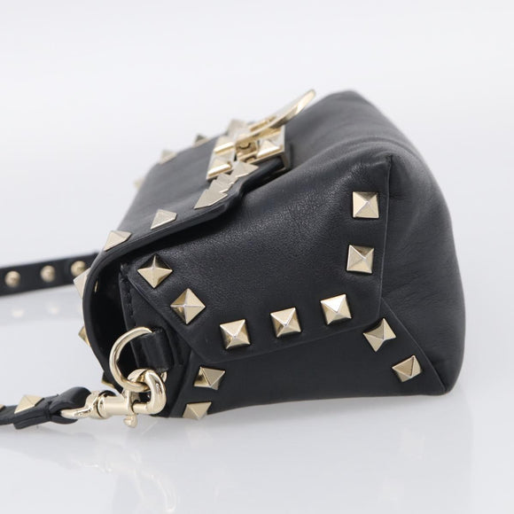 Valentino Rock Studs Shoulder Bag Leather Black Gold Tone Auth bs37832