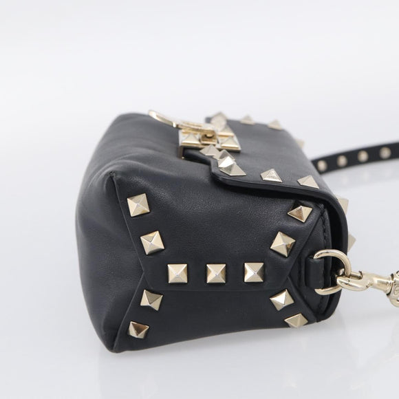 Valentino Rock Studs Shoulder Bag Leather Black Gold Tone Auth bs37832
