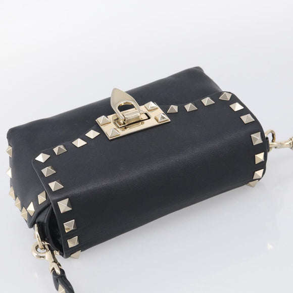 Valentino Rock Studs Shoulder Bag Leather Black Gold Tone Auth bs37832