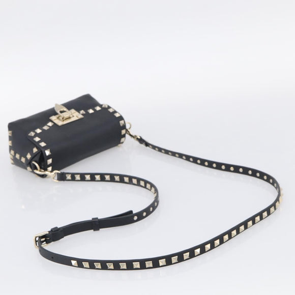 Valentino Rock Studs Shoulder Bag Leather Black Gold Tone Auth bs37832