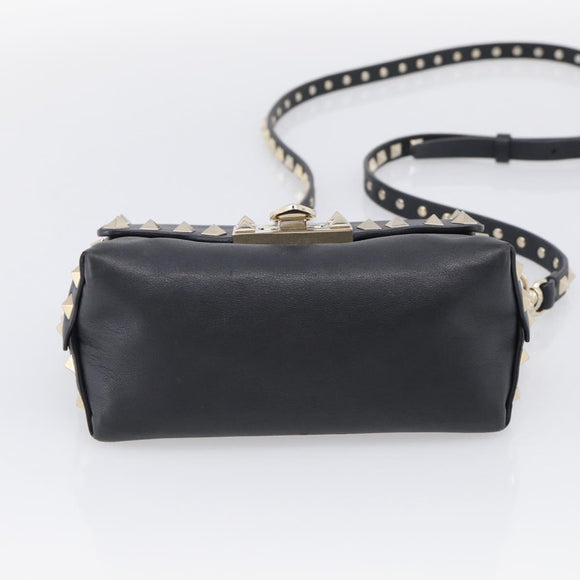 Valentino Rock Studs Shoulder Bag Leather Black Gold Tone Auth bs37832