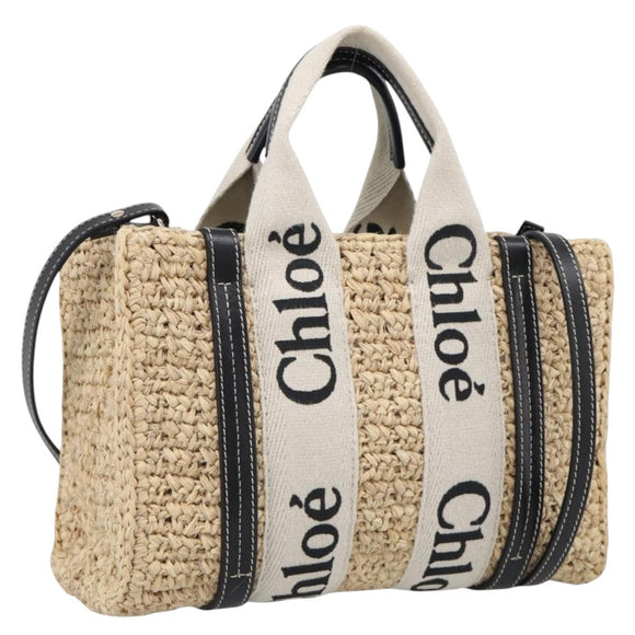 Chloe Woody Hand Bag Raffia 2way Beige Gold Tone Auth bs37833A