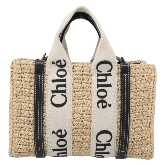 Chloe Woody Hand Bag Raffia 2way Beige Gold Tone Auth bs37833A