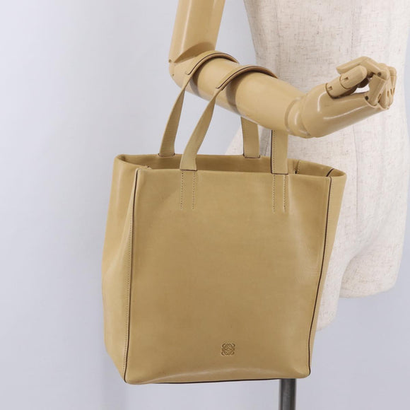 LOEWE Hand Bag Leather Beige Gold Tone Auth bs37840