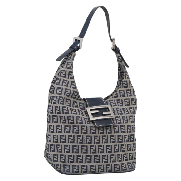 FENDI Zucchino Canvas Mamma Baguette Shoulder Bag Navy Silver Auth bs37841A