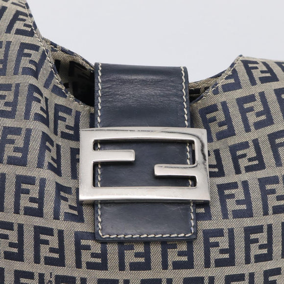 FENDI Zucchino Canvas Mamma Baguette Shoulder Bag Navy Silver Auth bs37841A