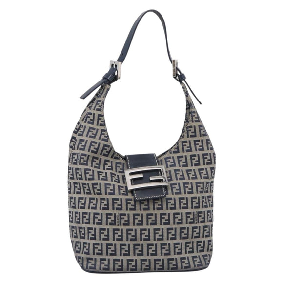 FENDI Zucchino Canvas Mamma Baguette Shoulder Bag Navy Silver Auth bs37841A
