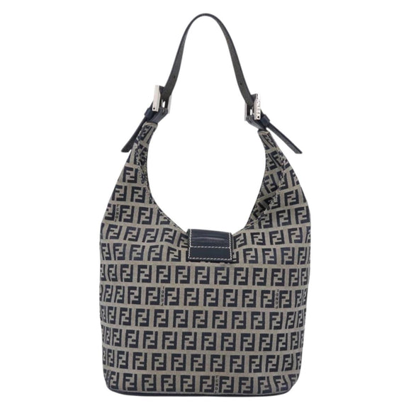 FENDI Zucchino Canvas Mamma Baguette Shoulder Bag Navy Silver Auth bs37841A