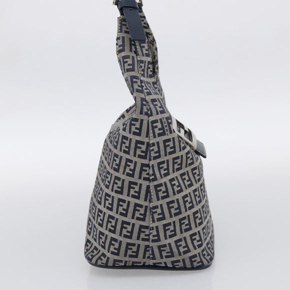 FENDI Zucchino Canvas Mamma Baguette Shoulder Bag Navy Silver Auth bs37841A
