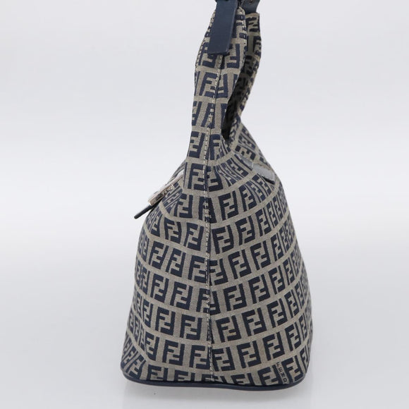 FENDI Zucchino Canvas Mamma Baguette Shoulder Bag Navy Silver Auth bs37841A