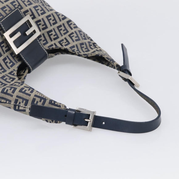 FENDI Zucchino Canvas Mamma Baguette Shoulder Bag Navy Silver Auth bs37841A
