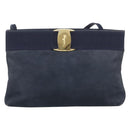 Salvatore Ferragamo Vala Shoulder Bag Suede Navy Gold Tone Auth bs37861-2