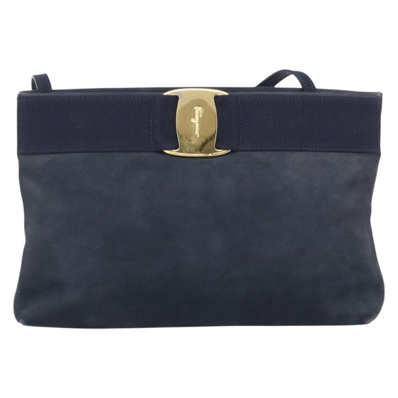 Salvatore Ferragamo Vala Shoulder Bag Suede Navy Gold Tone Auth bs37861