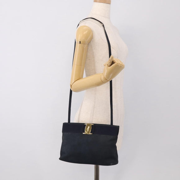 Salvatore Ferragamo Vala Shoulder Bag Suede Navy Gold Tone Auth bs37861