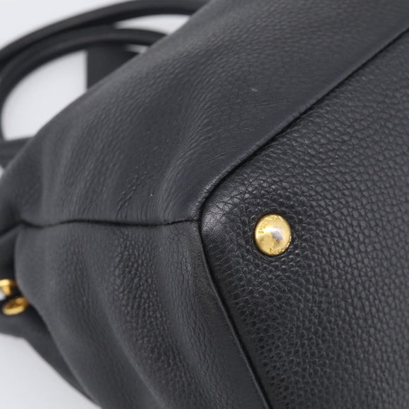PRADA Hand Bag Leather Black Gold Tone Auth bs37863