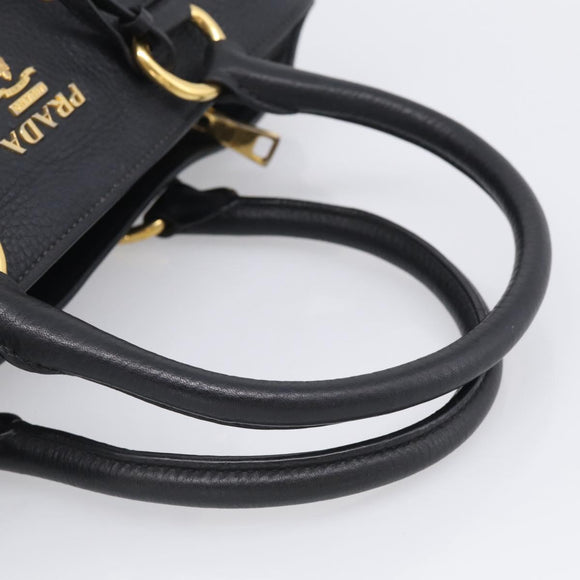 PRADA Hand Bag Leather Black Gold Tone Auth bs37863