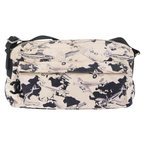 CHANEL Airline Shoulder Bag Canvas White Silver CC Auth bs37873