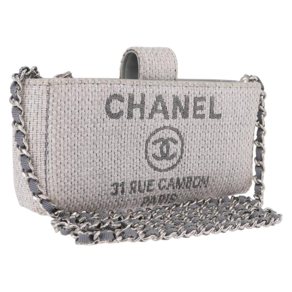 CHANEL Deauville Line Chain Shoulder Bag Canvas Gray Silver CC Auth bs37875A
