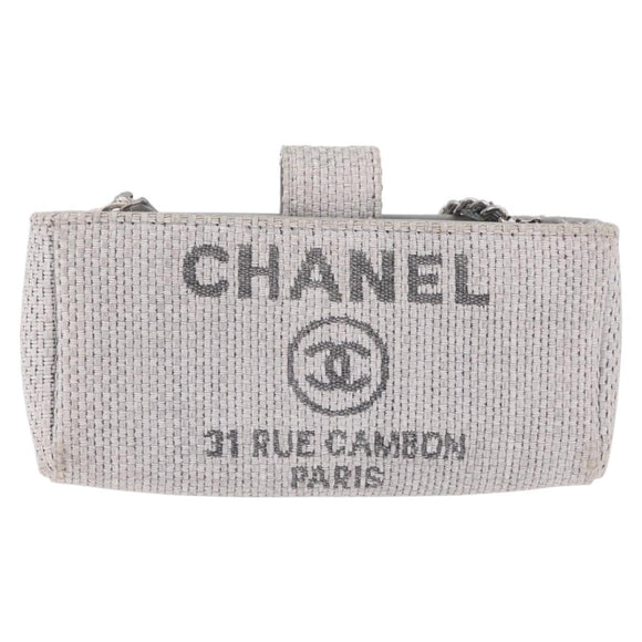 CHANEL Deauville Line Chain Shoulder Bag Canvas Gray Silver CC Auth bs37875A
