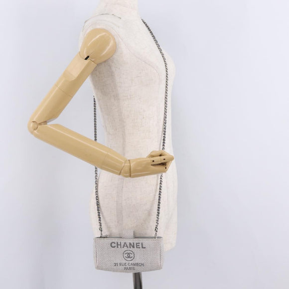 CHANEL Deauville Line Chain Shoulder Bag Canvas Gray Silver CC Auth bs37875A