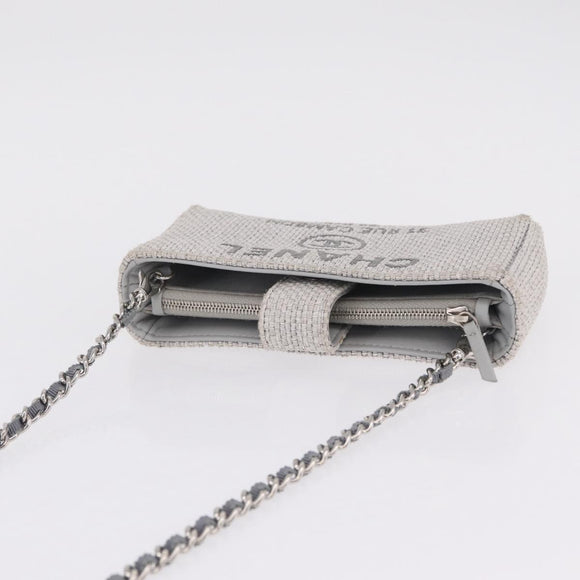 CHANEL Deauville Line Chain Shoulder Bag Canvas Gray Silver CC Auth bs37875A