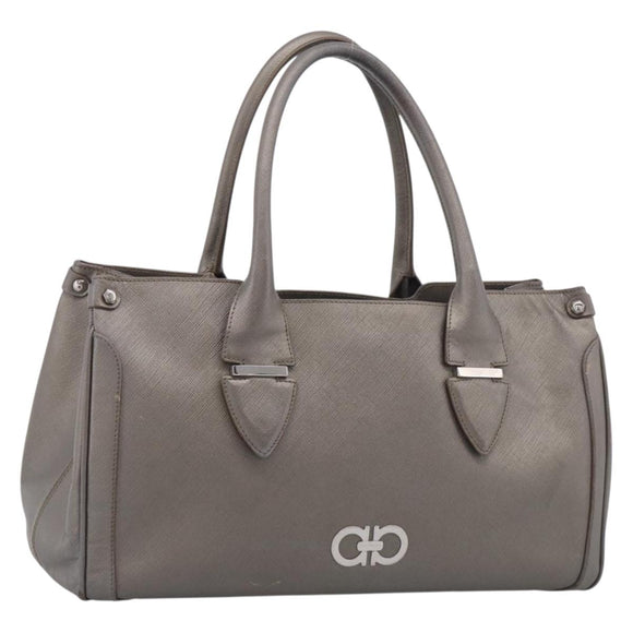 Salvatore Ferragamo Gancini Hand Bag Leather Silver Auth bs37886