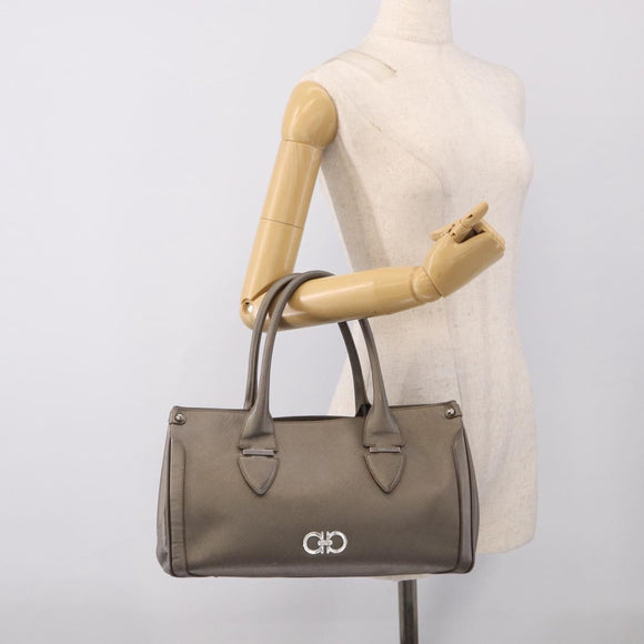 Salvatore Ferragamo Gancini Hand Bag Leather Silver Auth bs37886