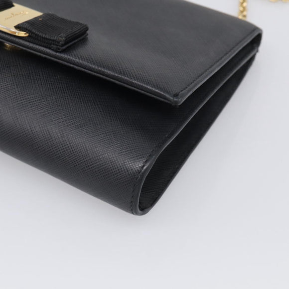 Salvatore Ferragamo Vala Chain Shoulder Bag Leather Black Gold Tone Auth bs37890