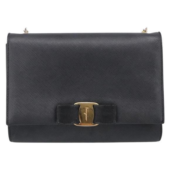 Salvatore Ferragamo Vala Chain Shoulder Bag Leather Black Gold Tone Auth bs37890