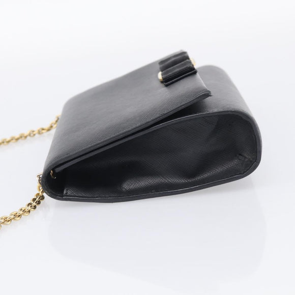Salvatore Ferragamo Vala Chain Shoulder Bag Leather Black Gold Tone Auth bs37890