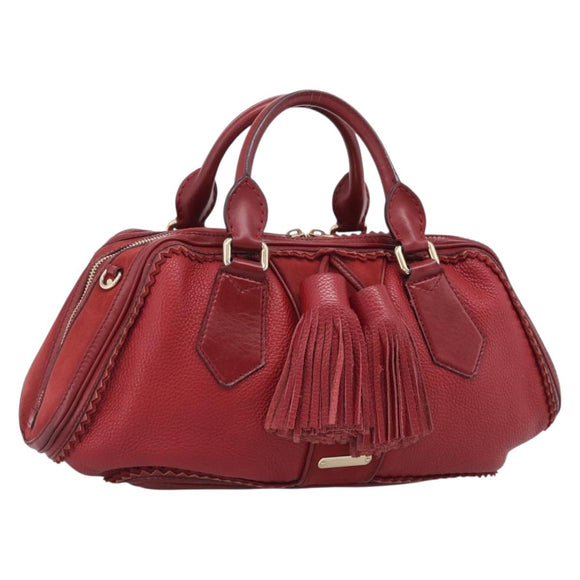 BURBERRY Boston Bag Leather Red Gold Tone Auth bs37894