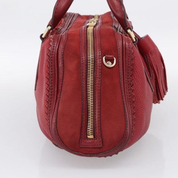 BURBERRY Boston Bag Leather Red Gold Tone Auth bs37894