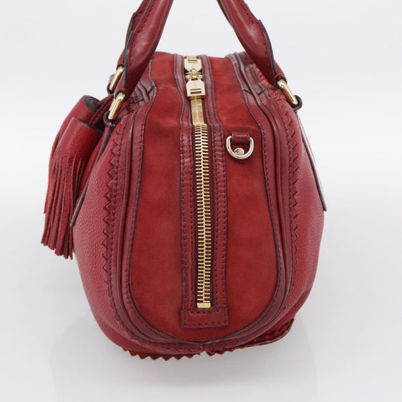 BURBERRY Boston Bag Leather Red Gold Tone Auth bs37894
