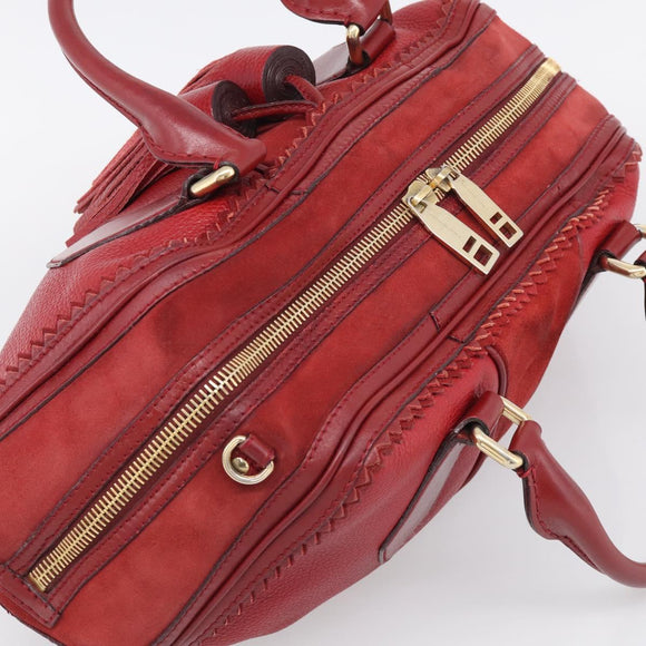 BURBERRY Boston Bag Leather Red Gold Tone Auth bs37894