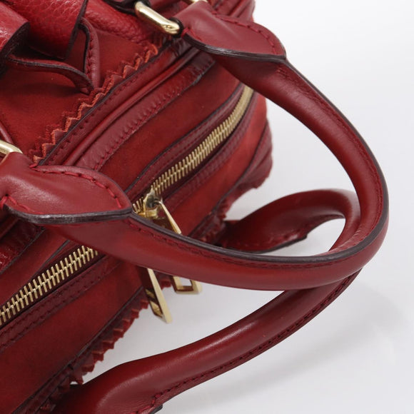 BURBERRY Boston Bag Leather Red Gold Tone Auth bs37894
