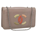 CHANEL Chain Shoulder Bag Patent Beige Silver CC Auth bs37895-1
