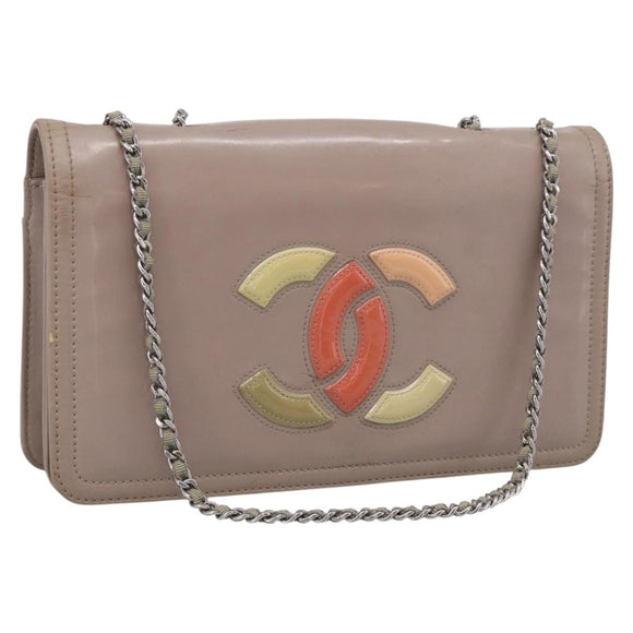 CHANEL Chain Shoulder Bag Patent Beige Silver CC Auth bs37895