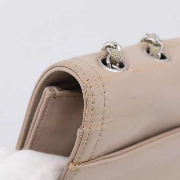 CHANEL Chain Shoulder Bag Patent Beige Silver CC Auth bs37895
