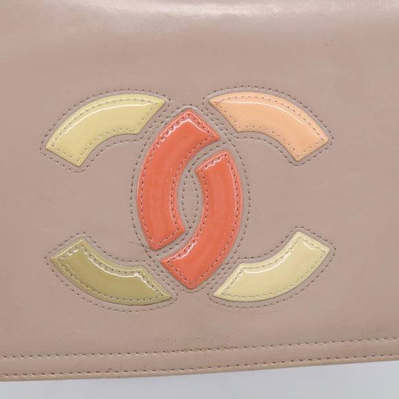 CHANEL Chain Shoulder Bag Patent Beige Silver CC Auth bs37895