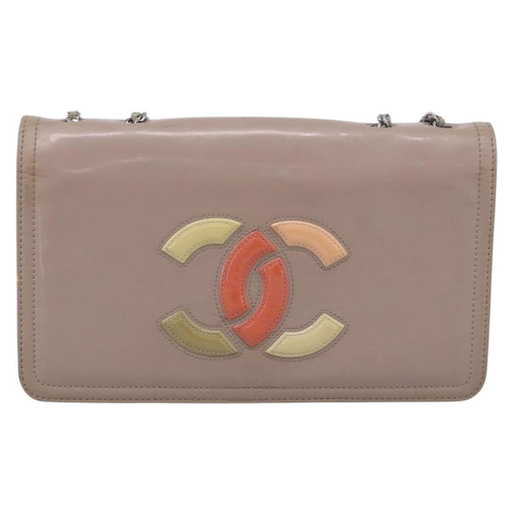 CHANEL Chain Shoulder Bag Patent Beige Silver CC Auth bs37895