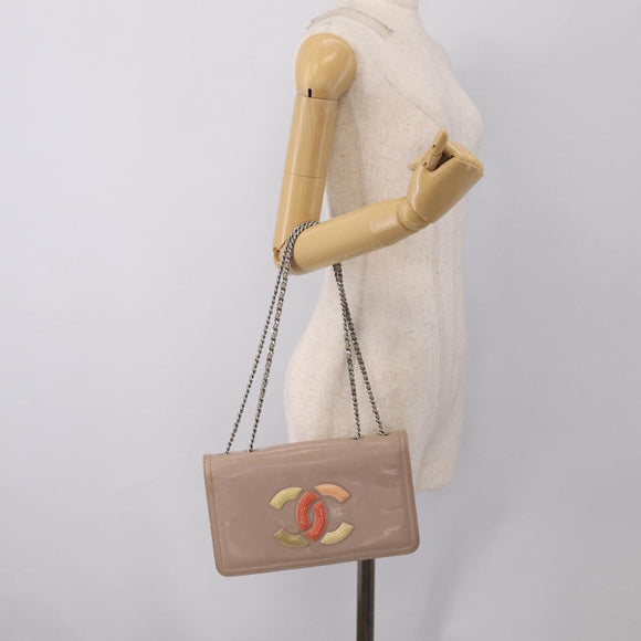 CHANEL Chain Shoulder Bag Patent Beige Silver CC Auth bs37895