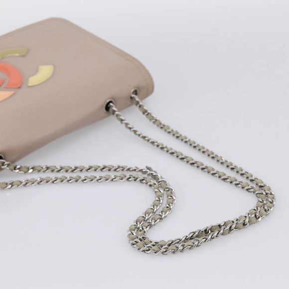 CHANEL Chain Shoulder Bag Patent Beige Silver CC Auth bs37895