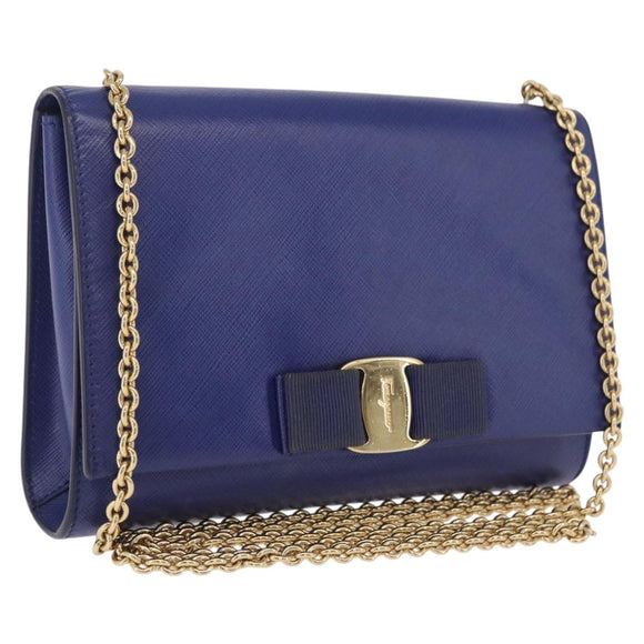 Salvatore Ferragamo Vala Chain Shoulder Bag Leather Blue Gold Tone Auth bs37896A