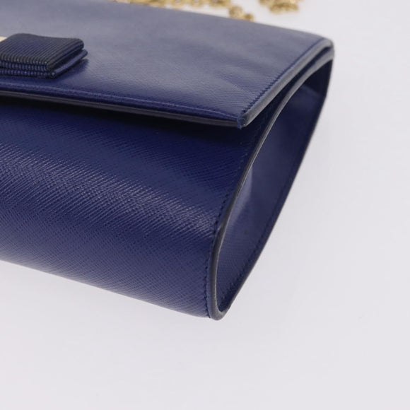 Salvatore Ferragamo Vala Chain Shoulder Bag Leather Blue Gold Tone Auth bs37896A