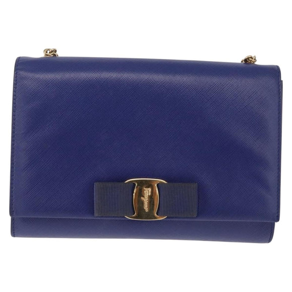 Salvatore Ferragamo Vala Chain Shoulder Bag Leather Blue Gold Tone Auth bs37896A