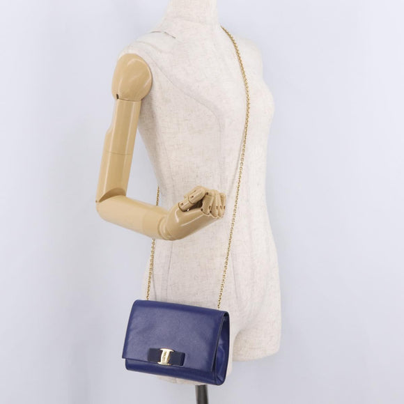 Salvatore Ferragamo Vala Chain Shoulder Bag Leather Blue Gold Tone Auth bs37896A